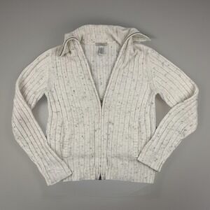 Chunky Rib Knit Zip Cardigan Oatmeal Wool Blend Cozy Cabin Sweater S Cottagecore